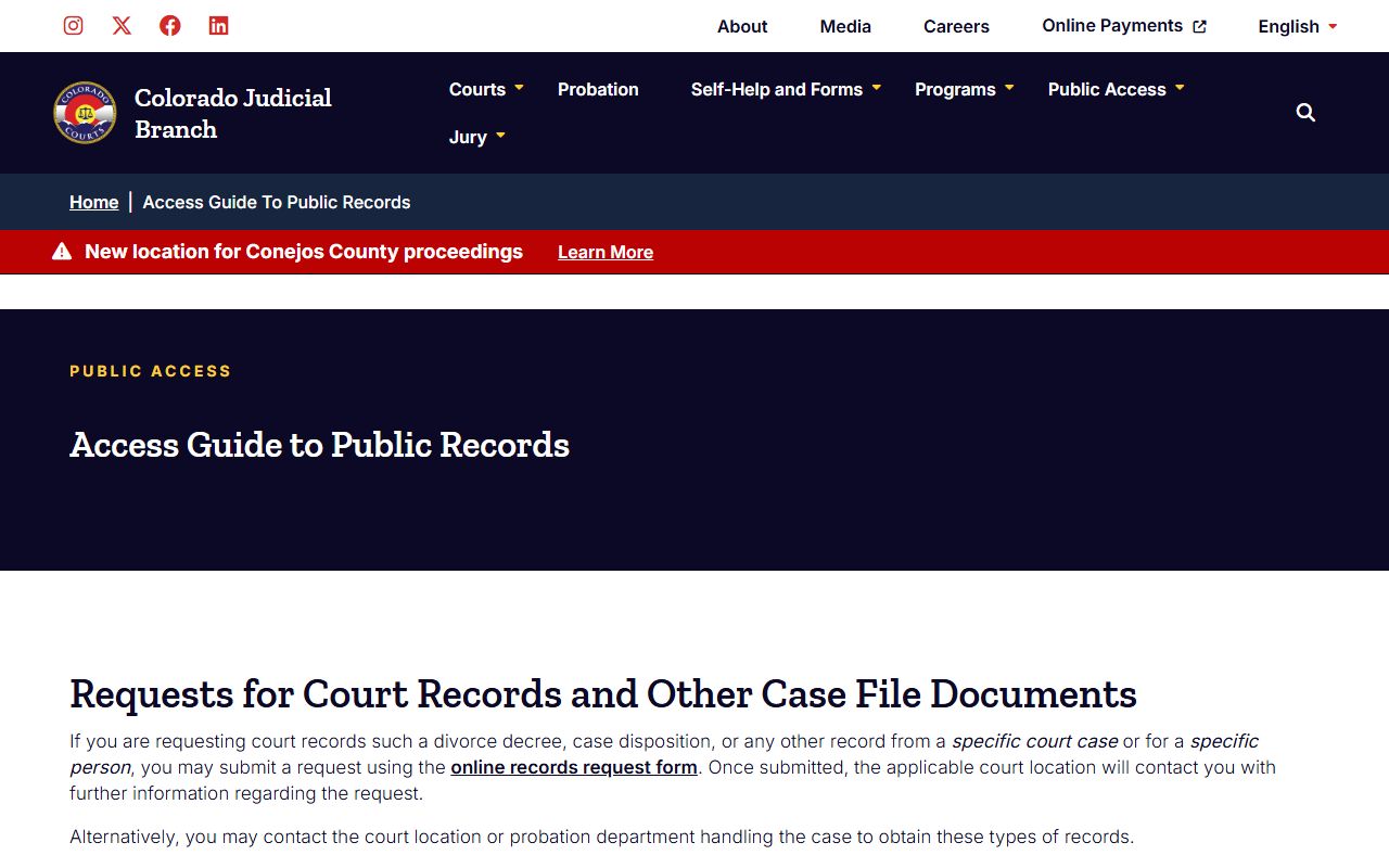 Colorado Judicial Branch public records access policies page